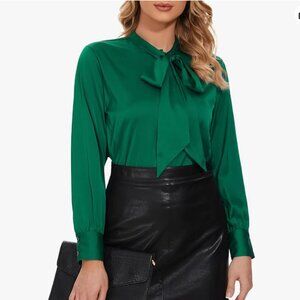 Escalier Women's Long-Sleeve Tie-Neck Blouse (Office Wear) - Dark Green